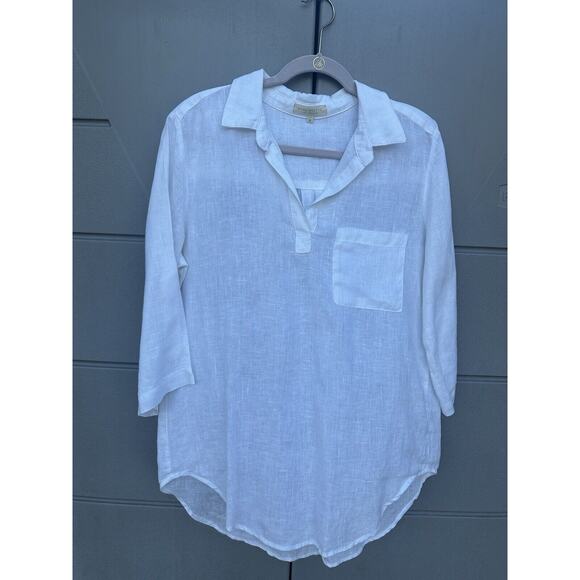 Side Stitch Los Angeles White linen popover blouse pocket Roll Tab Sleeves Sz M - Picture 4 of 12